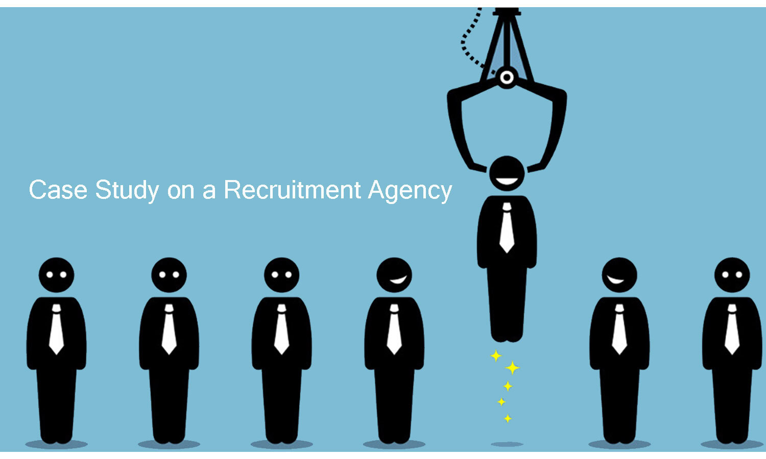 Illustration of recruitment agency with a hanging candidate and other candidates.