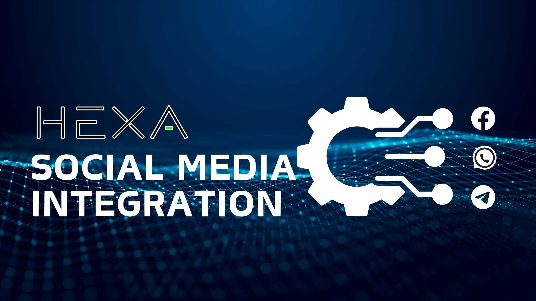 Hexa logo with social media icons and digital network background.