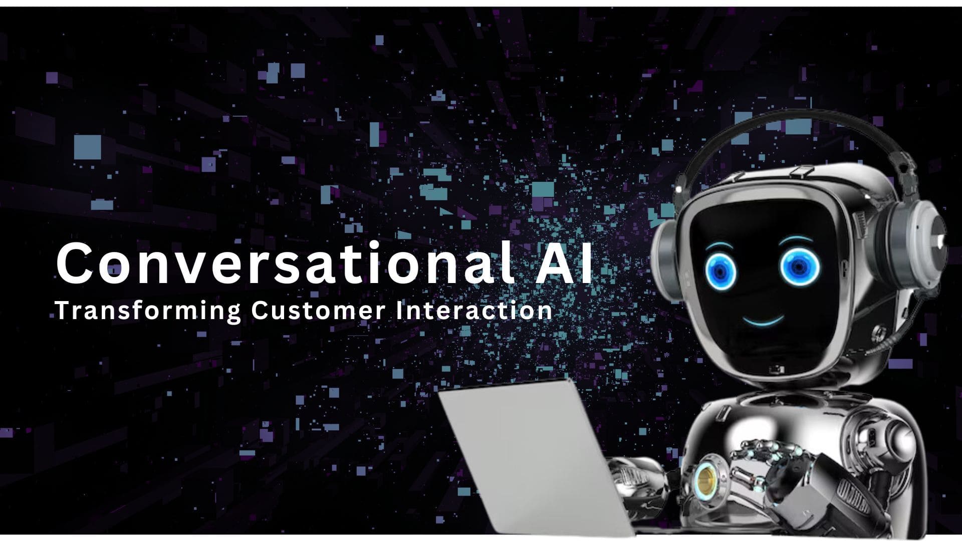 AI chatbot robot with headset and laptop for customer service.