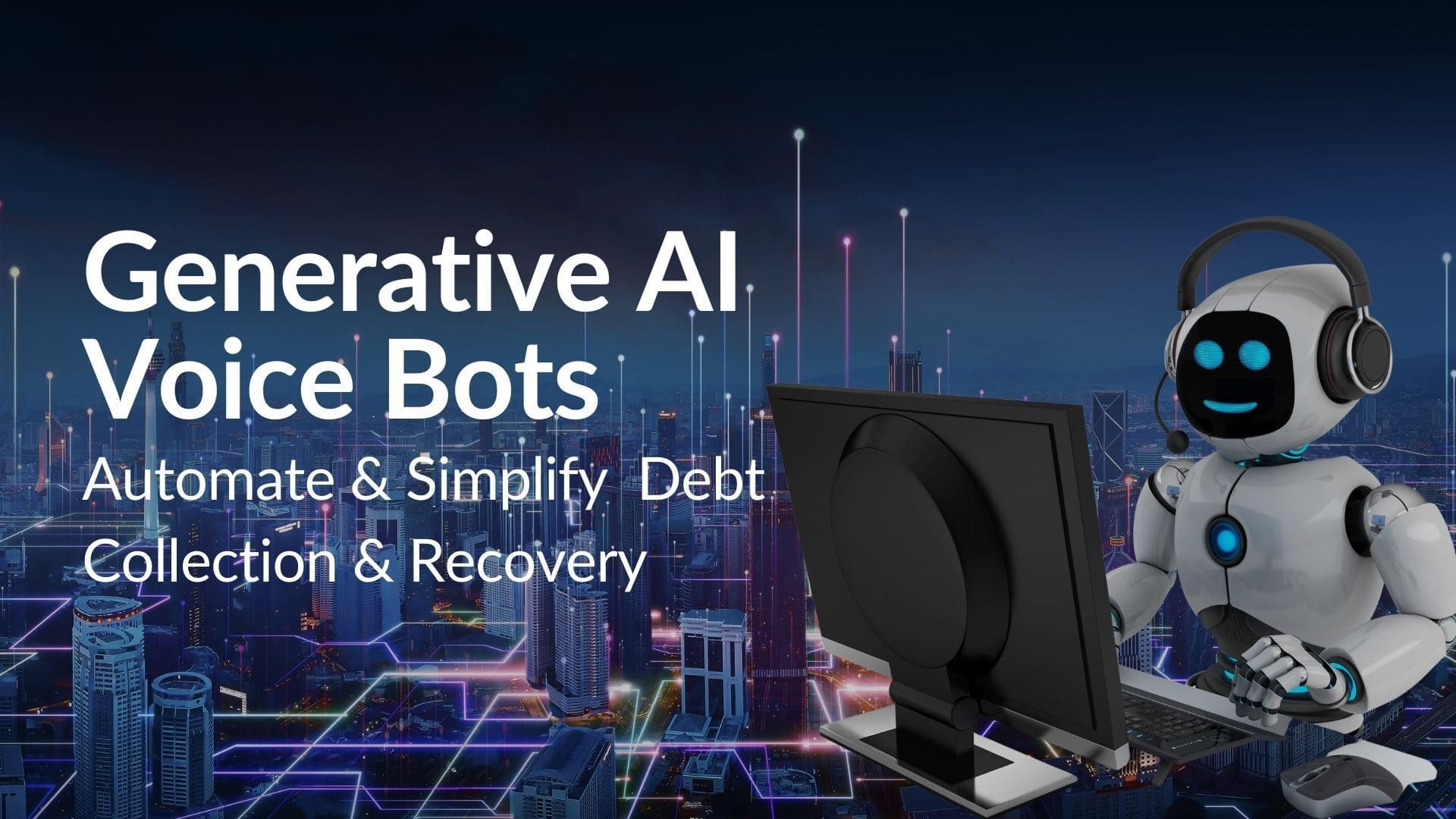 AI-powered robot with headset managing debt collection on computer screen.