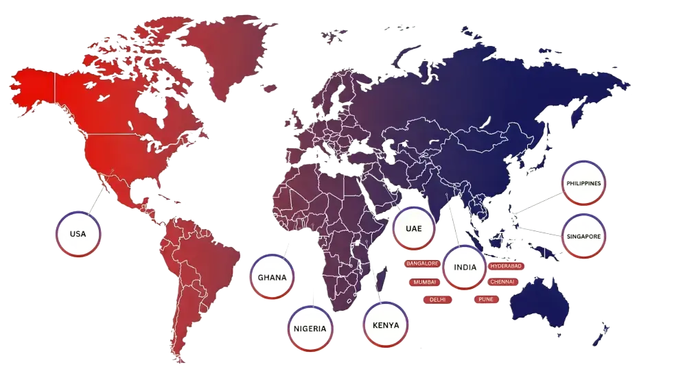 World map showing telecom coverage in USA, UAE, India, Nigeria, Ghana, Kenya, Singapore, Philippines.